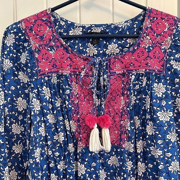 J. Crew Embroidered Peasant Blouse Blue Floral, Pink, Tassels, Size Small - Picture 3 of 10